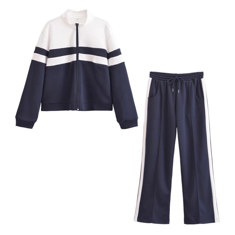 

Spring 2025 Women s Patchwork Zipper Jacket & Casual Long Pants Set Medium темно-синий