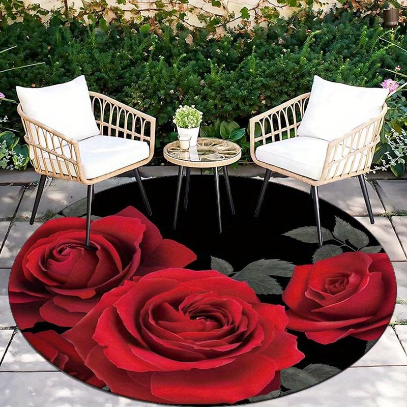 Red rose rug flannel round mat romantic decor bedroom vanity dressing area elegant floral black background luxury feel