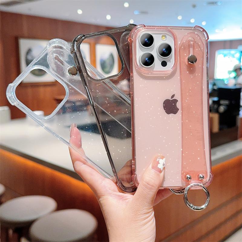 Luxury Glitter Transparent Wrist Strap Case For iPhone 11 12 13 14 15 16 Pro Max XR X XS 7 8 Plus Silicone Soft Shockproof Cover