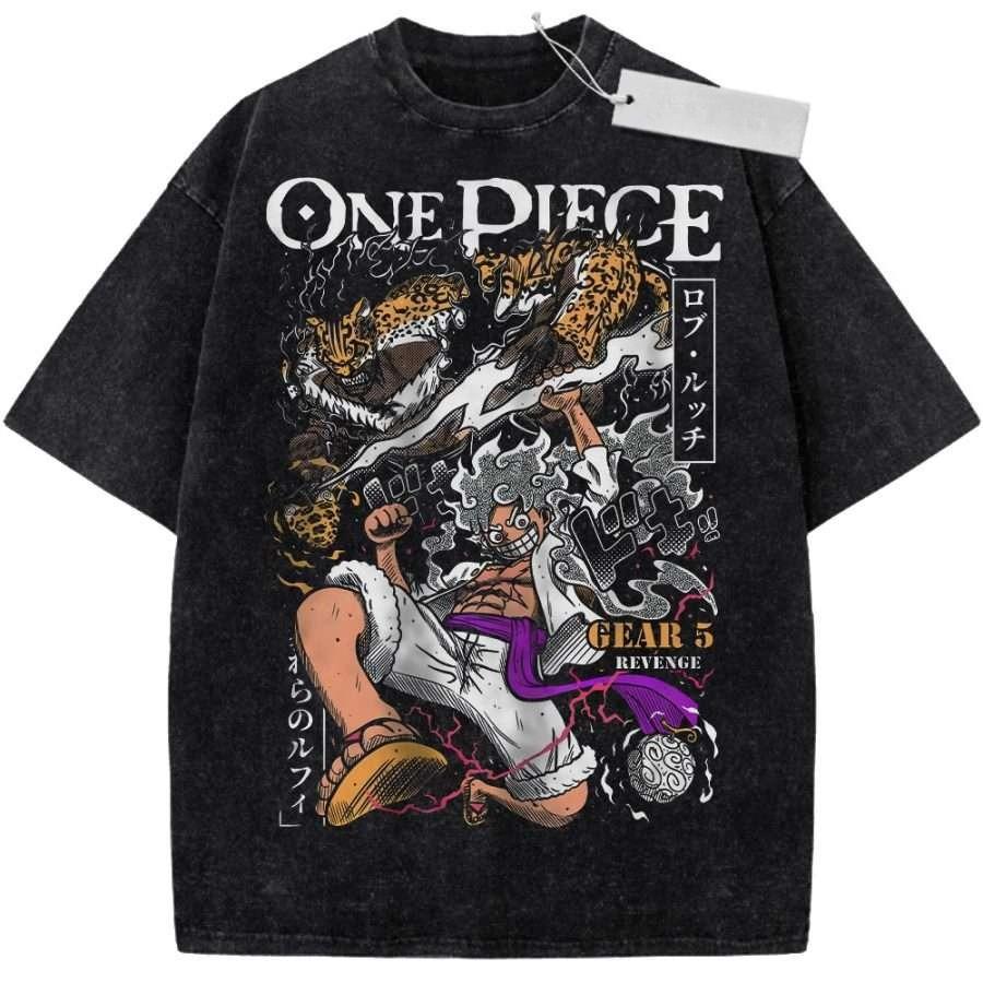 Unisex Black Washed Vintage T Shirt One Piece Enel Thunder God Skypiea High Quality Fabric for Fitness Casual Shopping