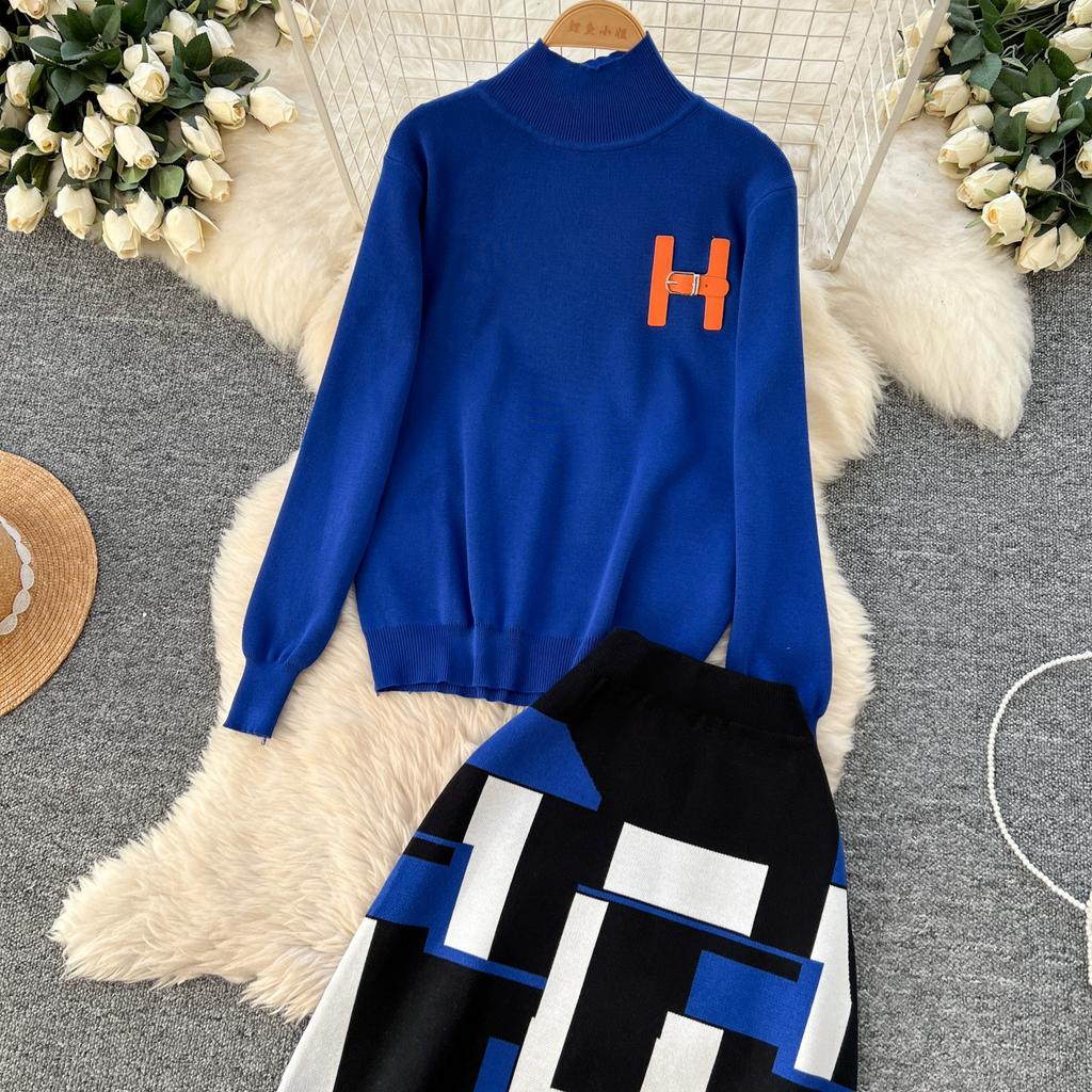 Høst Vinter Kvinner Elegant Strikket Genser Kontor Todelt Sett Ståkrage Pullover Topper og Lang Maxi Skjørt Dress