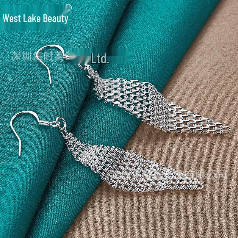 Cercei Lungi din Plasă de Diamante Argintii pentru Femei - Colecția Frumusețea Lacului de Vest