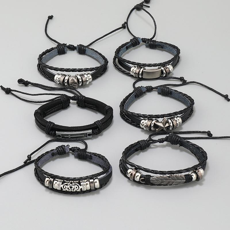 Vintage Punk Style Woven Leather Bracelet DIY Fashion Bangles with Feather Cross Accessories for Men