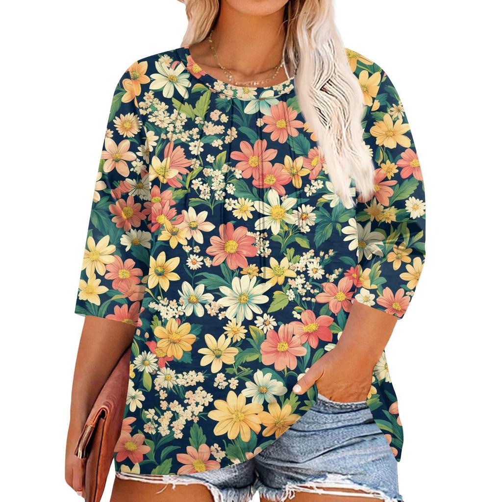 Women's Printed Round Neck Plus Size Tops 3/4 Sleeves Elegant Shirt Tops