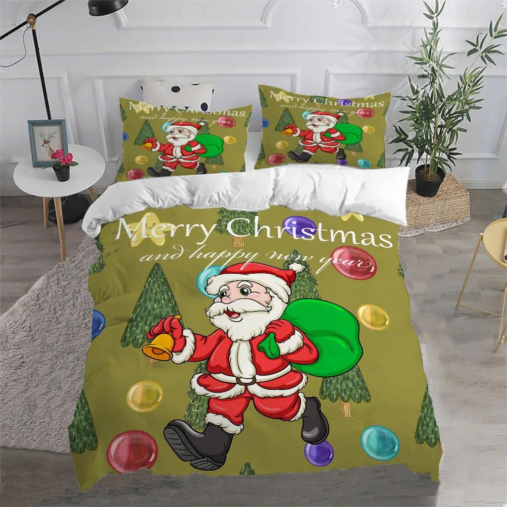 Merry Christmas King Queen Duvet Cover Red Cartoon Santa Bedding Set Kids Boys Girls Christmas Tree 2/3pcs Polyester Quilt Cover