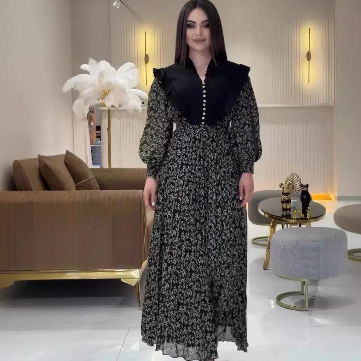 

Ретро платье Осень 2024 с цветочным принтом, колор-блоком, отложным воротником и завышенной талией XXL чёрный