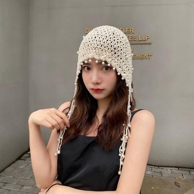 Crochet Flower Hollow Pearl Tassels Knitted Hat Beanies Ethnic Style Hat  Apparel Accessories