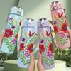 1PC Bright Folk Floral Bouquet 750ml Color Plastic Sports Water Bottle Leakproof Flip Straw Lid Suitable for Sports Office Home Use