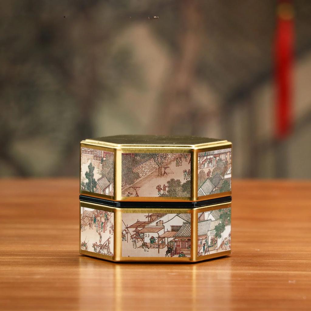Creative Hexagonal Tea Pot Tin Can Chinese Style Tinplate Tea Storage Tank Small Sealed Portable Box Empty Can Set Accessories
