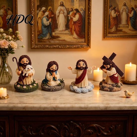 Heimdekoration Bastelset DIY Christliches Perlenbastelset Niedliches 4er-Pack Winzige Perlen-Jesus/Maria Schreibtischdekoration Handgefertigte Mini-Glaubensperlen mit Anleitung