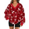 Women's Fashionable V-neck Christmas Printed Long Sleeved Casual Pullover Plush Warm Pocket Sweatshirt Top
