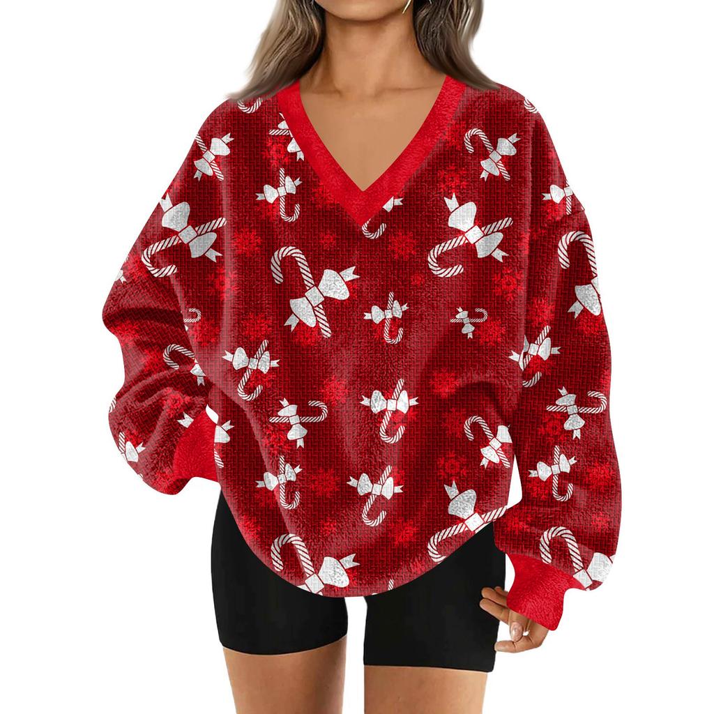Women's Fashionable V-neck Christmas Printed Long Sleeved Casual Pullover Plush Warm Pocket Sweatshirt Top