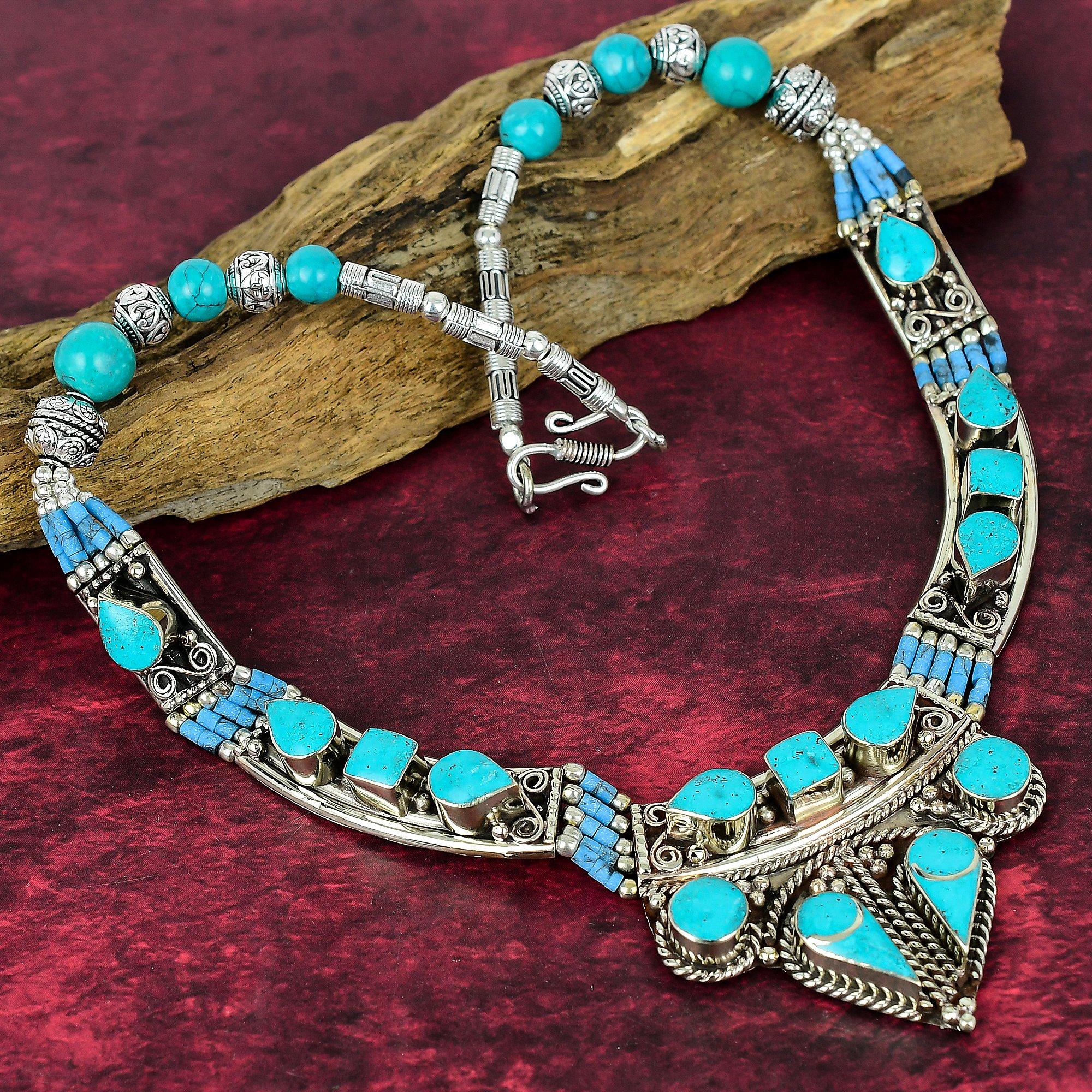 

Непальское ожерелье из голубой бирюзы, Ожерелье из стерлингового серебра 925 пробы, Ювелирные изделия из драгоценных камней ручной работы, Подарки для жены Новое непальское ожерелье