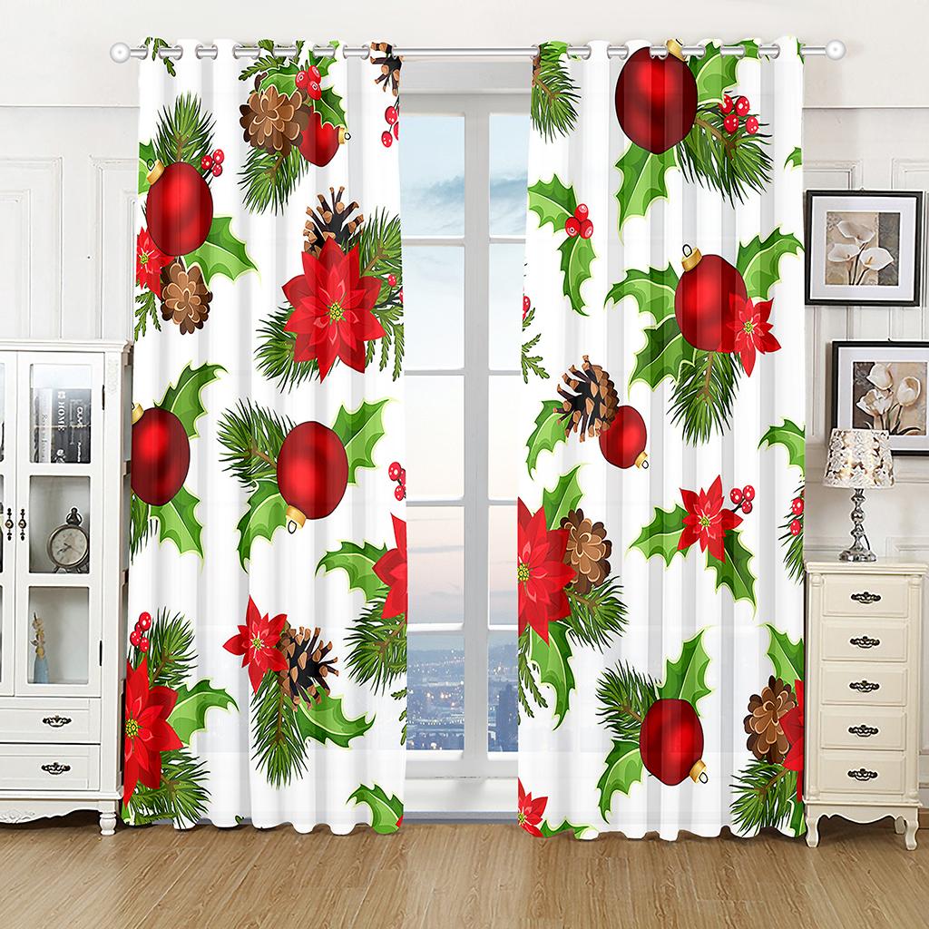 Cartoon Christmas Happy New Year Star Red Ball Kids Window Curtains Blinds for Living Room Bedroom Kitchen Door Home Decor 2Pcs