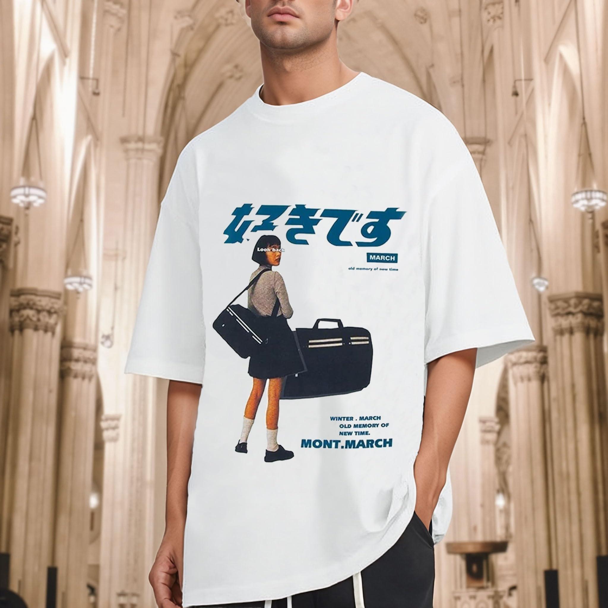 

Men s Retro Mont.March Japanese Text Graphic Tee, Urban Streetwear Oversized T-Shirt XXL білий