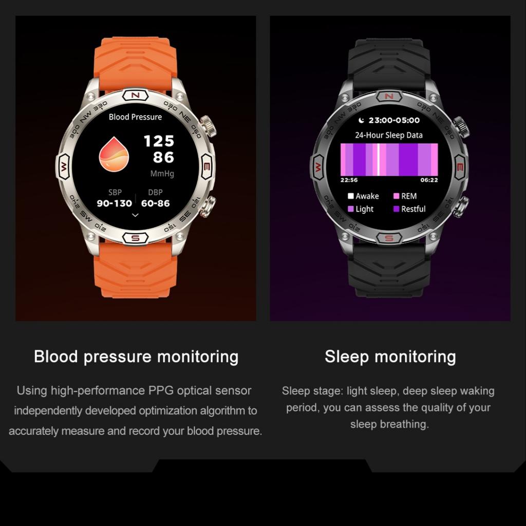 Rainbuvvy KC86 Outdoor-Sportuhr 1,43-Zoll-Bildschirm Bluetooth-Anruf Herzfrequenz Kalorien Höhe Druck Kompass Taschenlampe Bluetooth Smart Watch