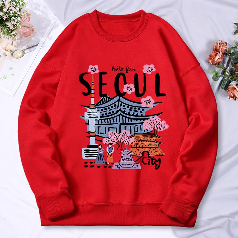 Seoul Beautiful Scenery Printing Womens Hooded Autumn Casual Warm Hoodies Fashion Soft Hoodie Street Versatile Female Pullover