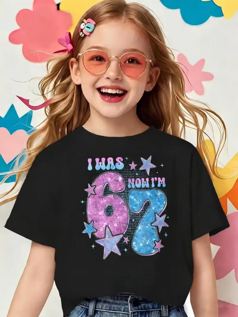 Funny Six Seven 67 Meme T-Shirt for Kids 7 Years Old Birthday Party Gifts Summer Short Sleeve Tees Crew Neck Children's Clothing