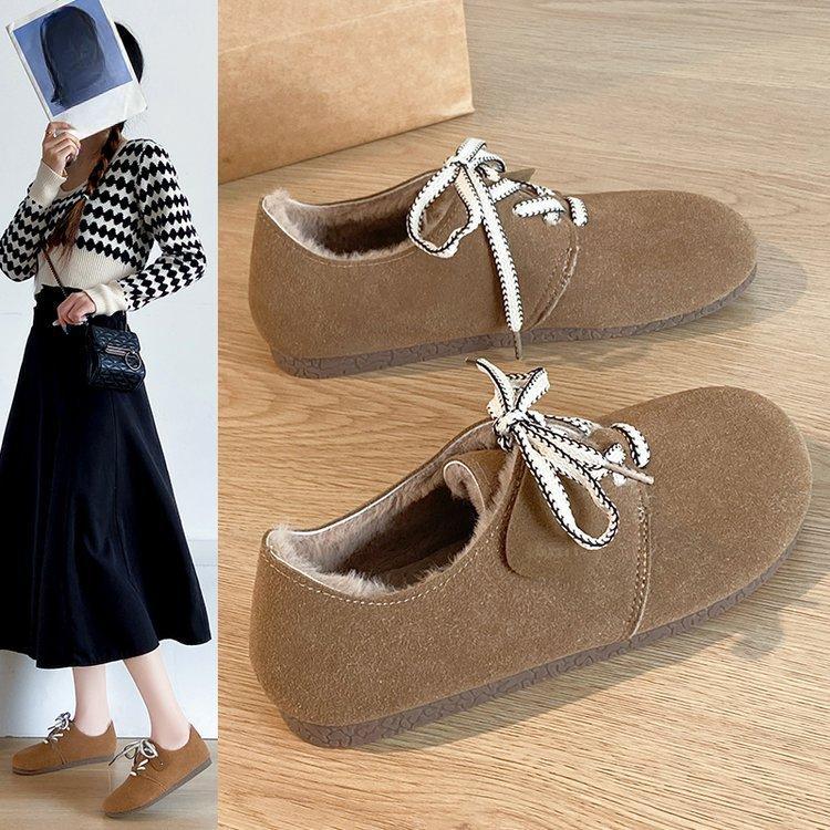 Fashion Spring Fall Women's Padded Warm Cotton Shoes Winter Retro Round Head Lace-up Versatile Flat Single Shoes