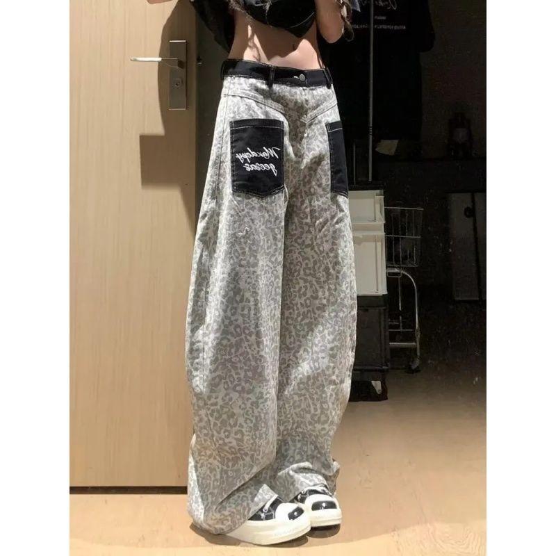 

Leopard Print Retro Splicing Design Button Wide-leg Jeans Mopping Casual Trendy Loose Trousers Trendy Women s Gray Leopard Print Wide-leg Jeans XL