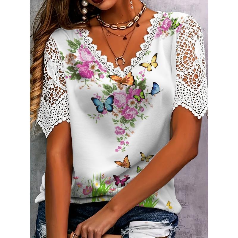 Women's Fashion Casual Summer Spring Flower Pattern Print Short Sleeve V-Neck Blouses & Shirts