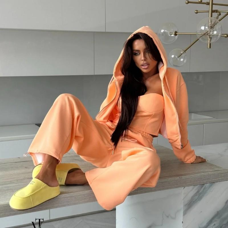 Womens Casual Solid Color Hooded Zip-Up Sweatshirt Wide-Leg Pants 2-Piece Set Long Sleeve Streetwear Outfit