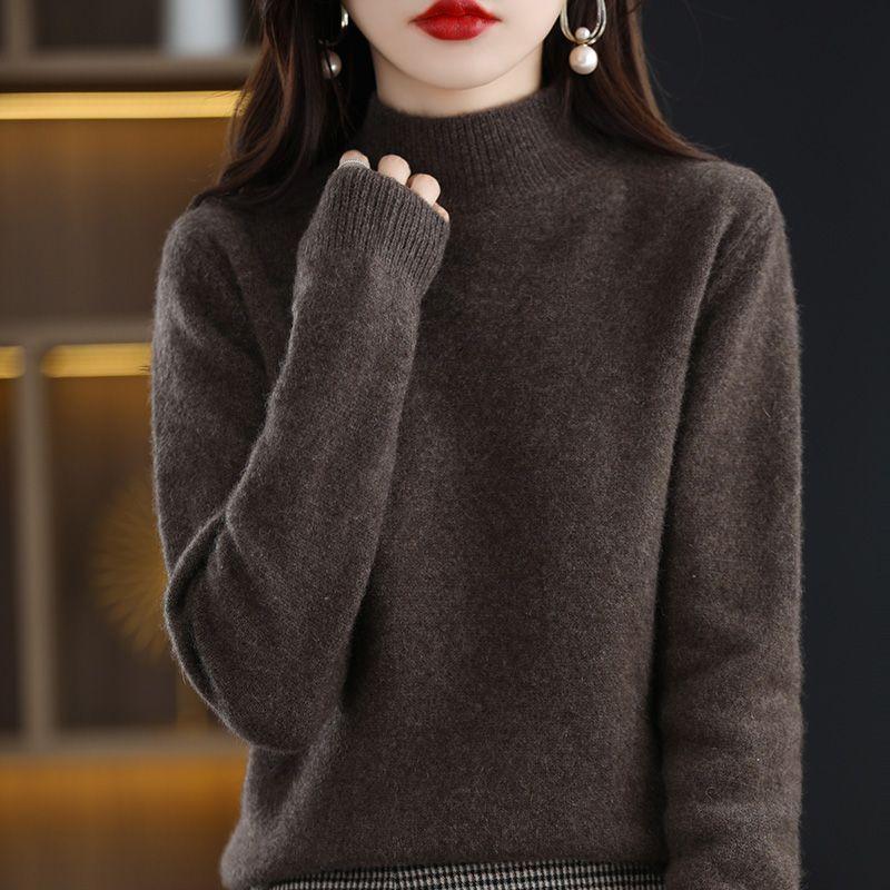 Half High Neck Sweater for Women Casual Pullover for Autumn and Winter Solid Color Loose Long Sleeved Knitted Sweater