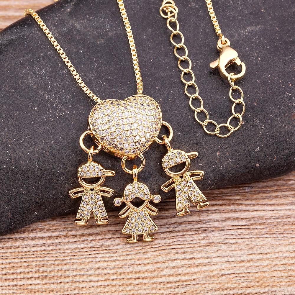 Nidin Fashion Son Daughter Heart Gold Color Family Girl Boy Pendant Necklace Jewelry For Mother Gift