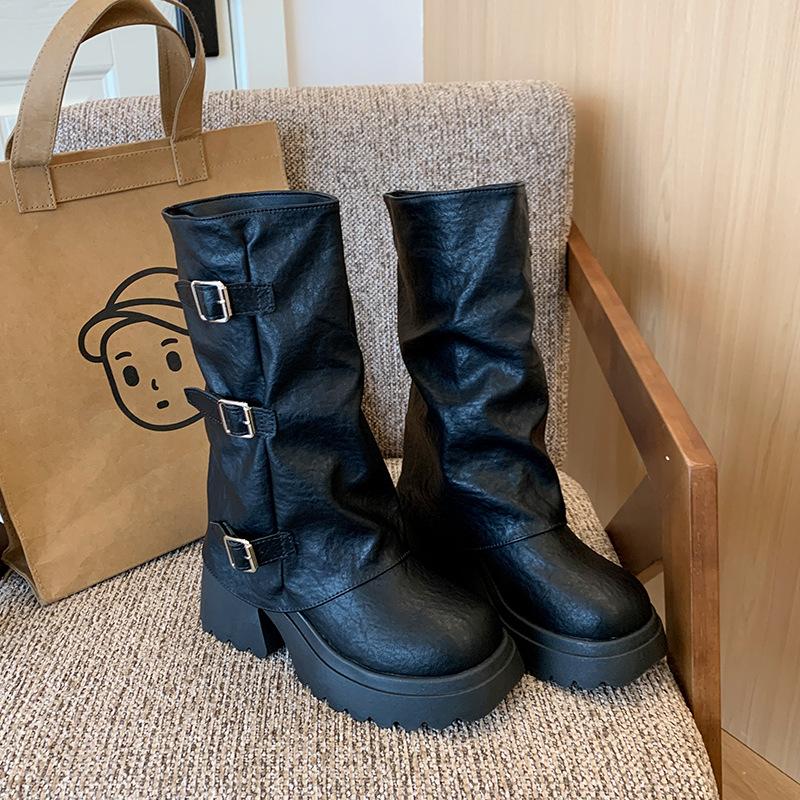 

Мягкая кожа брюки с широкими носками ботфорты ботфорты женские осень 2025 новые милый и крутой стиль на толстой подошве ковбойские сапоги высокие сапоги-рыцари 40 чёрный