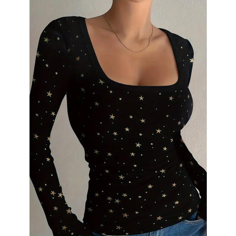 

YYFS Женская мода повседневная весна осень звездный принт длинный рукав квадратный воротник блузки и рубашки XL чёрный