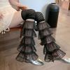 Y2K Mehrlagige Rüschen-Beinwärmer mit Perlenpunkt-Netz, Durchsichtige Kuchenspitzen-Oberschenkelhohe Socken für Damen Mädchen Balletcore Lolita Mode