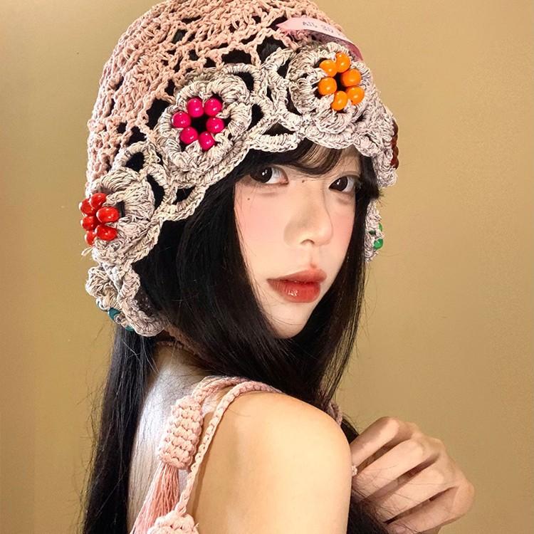 Handmade crochet flower fringe hollow hat female face small knitted bag hat