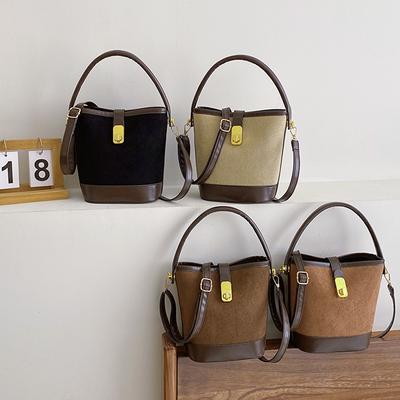 Frosted Texture Fashionable Pu Lock Retro Simple Crossbody Shoulder Portable Bucket Bag Women