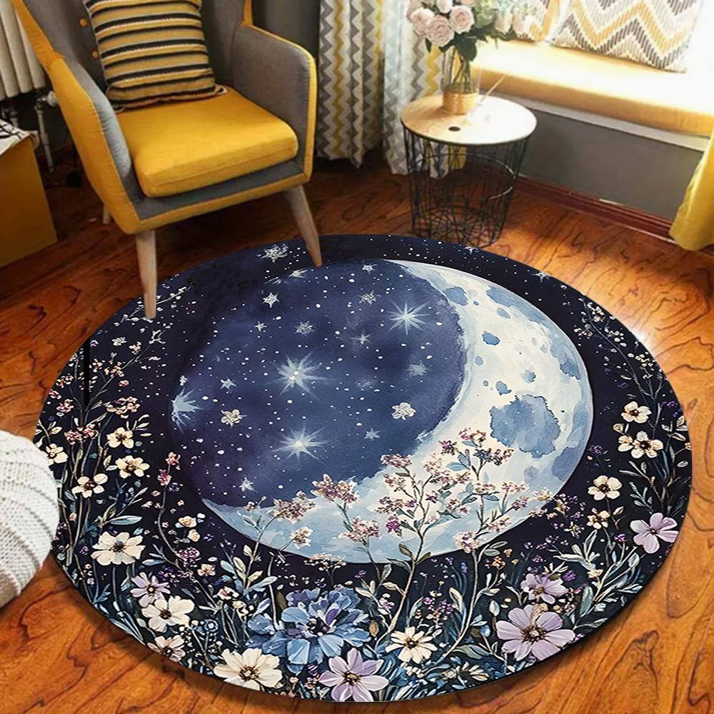 

Star Moon Floral Pattern Round Area Rug Mystical Bohemian Style Soft Floor Mat for Living Room Leisure Space Home 80cm x 80cm