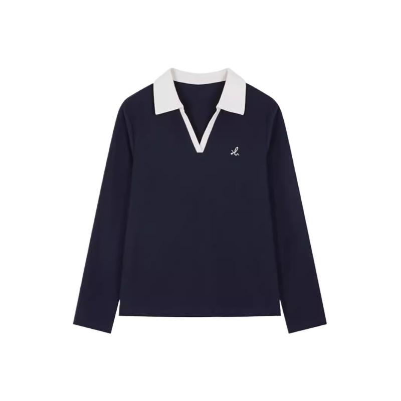 Casualowy T-shirt z kontrastowym kołnierzykiem polo, luźny, jesienny, z haftem, modny, z długim rękawem, kontrastowy top bazowy dla kobiet, T-shirty damskie