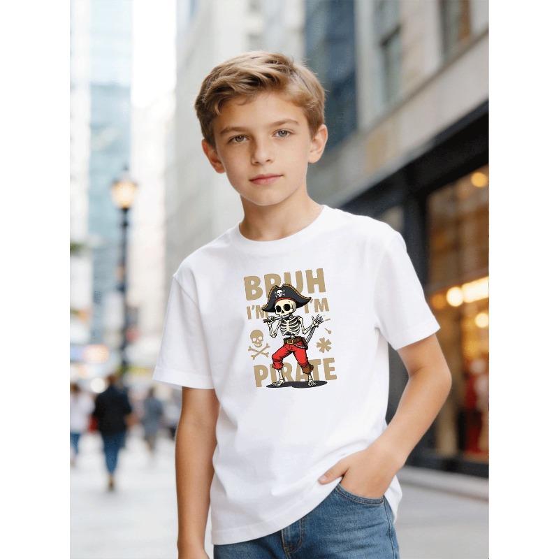 Boys Crewneck T-Shirt, Halloween Pirate Skull Crossbones Graphic 110