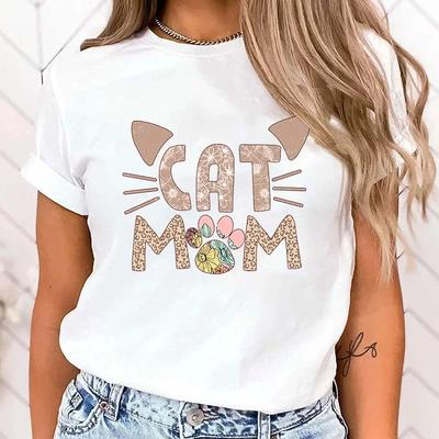 Camisetas estampadas fashion com estampa de mãe de gato, estilo retrô, camiseta feminina, camiseta gráfica de mãe de gato, tops casuais femininos