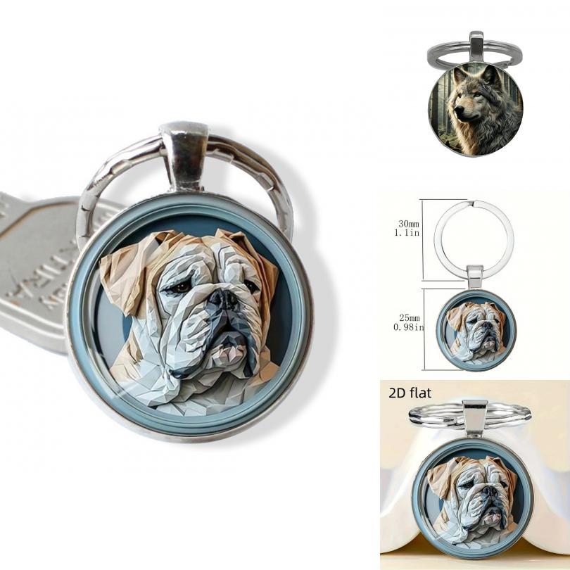 Dog Pattern Glass Pendant Keyring With Vintage Finish Ideal For Gifts