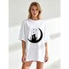 Black Oversized T Shirt With Cats On Moon Print For Casual Wear