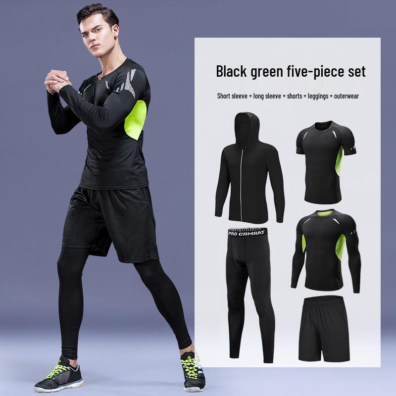 Pánské rychleschnoucí sportovní oblečení z ledového hedvábí s těsným střihem: Set s krátkým rukávem a pětibodovými kalhotami na letní fitness a běh