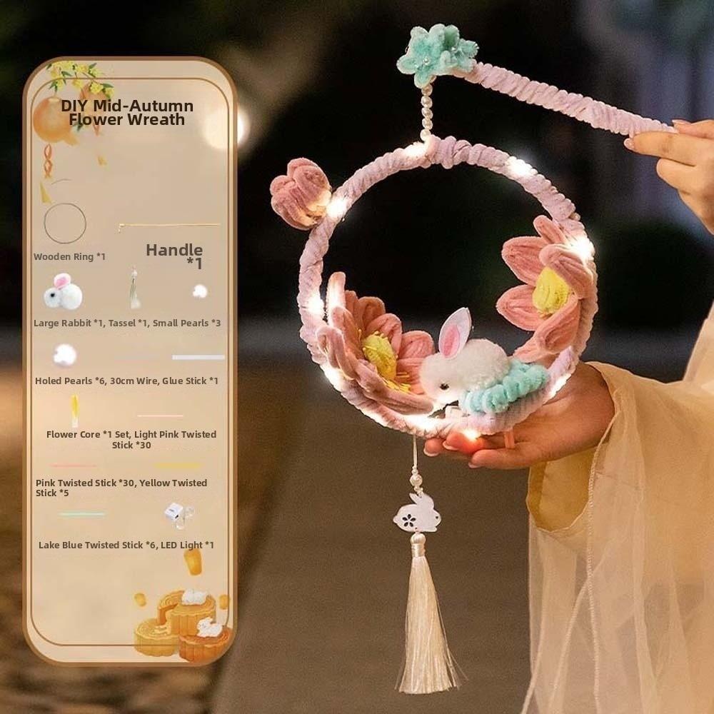 Handmade Rabbit Hoop Lamp Glowing Chenille Stems Craft Bunny Wreath Lantern  Mid-Autumn Festival