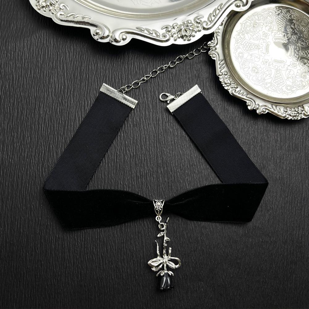 Velvet Rose Bow Pendant Choker - Dark Gothic Punk Y2K Style
