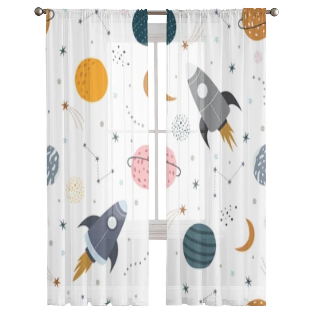 Rachetă și stele Perdele din șifon desenat manual pentru sufragerie Dormitor Decorare fereastră Perdele din tul Draperii