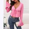 Women's Summer Commuter Elegant V-Neck Knit Tie Long Sleeve Top