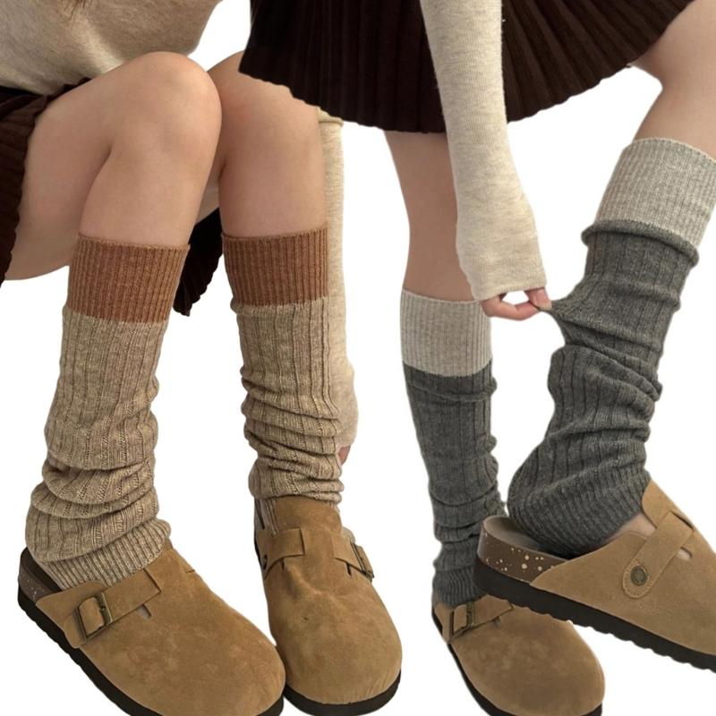 Womens Winter Warm Ribbed Knit Leg Warmers Japanese Style Harajuku Vintage Colorblock Long Boot Socks Thermal Leg Cover