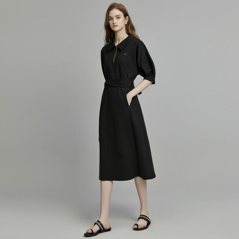 ELLE Polo Collar Design High Waist Midi Dress Slim Fit Elegant Short Sleeve Dress Women Dresses EL34321