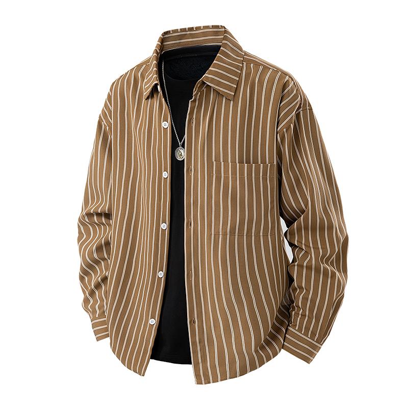 Men's Striped Shirt Commuting Long Sleeve Casual Top Lapel Cardigan Top