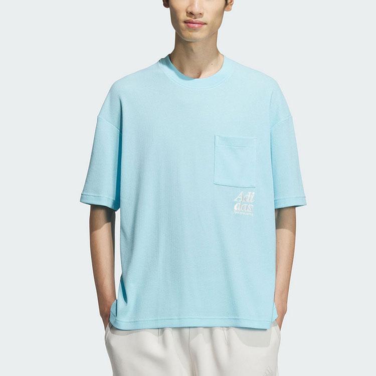Adidas Letter Embroidery Pocket Design Ribbed Round Neck Sports Short Sleeve T-Shirt Men Tops Sky-Blue JI6863