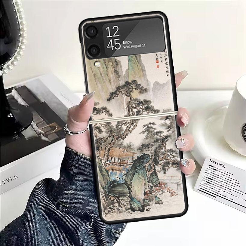 Chinese Style ink Painting Art Cases For Samsung Galaxy Z Flip 4 5 6 7 3 Z Flip7 Flip6 Flip4 Flip5 Flip3 5G Hard Shockproof Fund