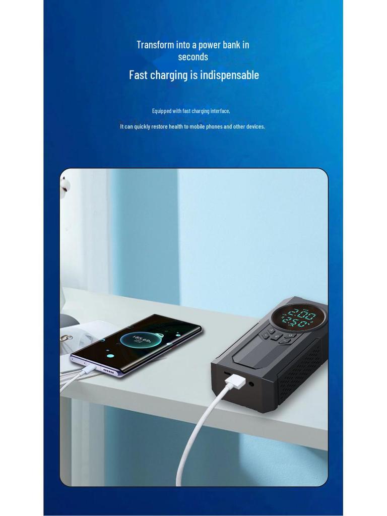 Portable Wireless Air Pump & Power Bank: Multi-Function Digital Display Tire Inflator with Emergency Power Supply